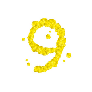 字母编号9或9,在字母表中水晶钻石三维虚拟插图宝石概念设计黄色,隔离