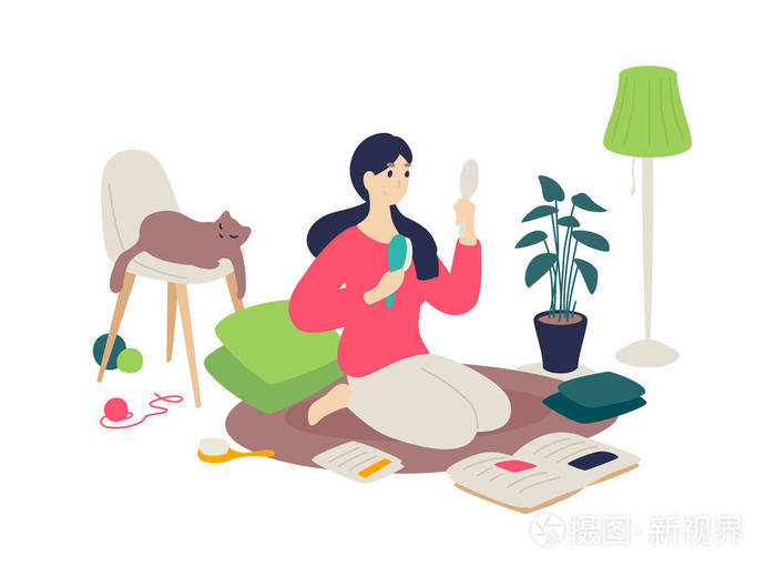 那个女孩正在用刷子梳头发矢量平面卡通风格一个女人从事自己阅读杂志