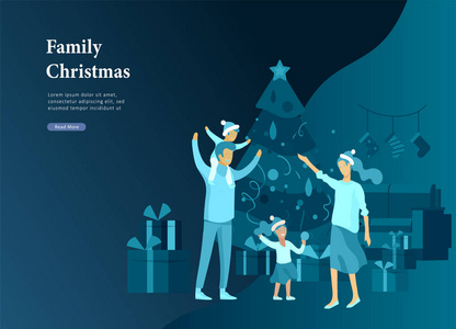 登陆页面模板贺卡冬季假期。圣诞快乐, 新年快乐网站。人物家族与目前装饰圣诞树的背景下的内部