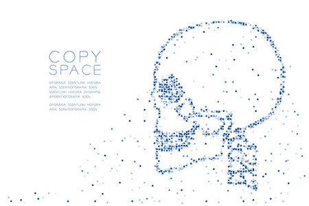 抽象几何方块盒像素图案头骨侧视形状医学概念设计蓝色插图白色背景与复制空间矢量EPS10