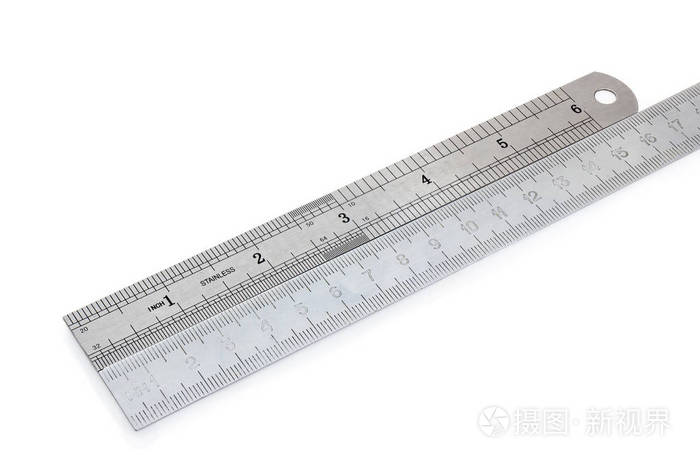 两个不锈钢测量尺,厘米和英寸,并排在白色背景上