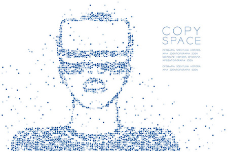 抽象几何方块盒像素图案男子佩戴VR耳机虚拟现实形状设计蓝色插图白色背景与复制空间矢量EPS10