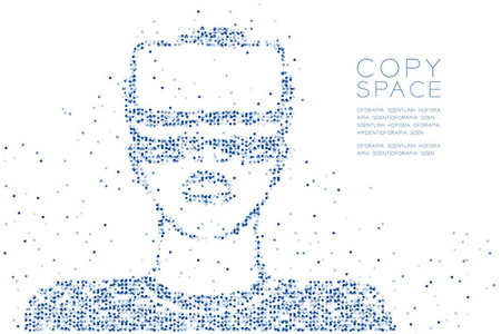 抽象几何圆点像素图案男子戴V R耳机虚拟现实形状设计蓝色插图白色背景与复制空间矢量EPS10