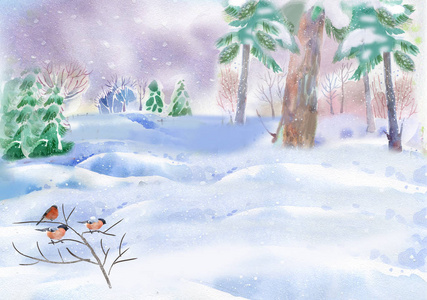 冬天的水彩风景圣诞树和雪