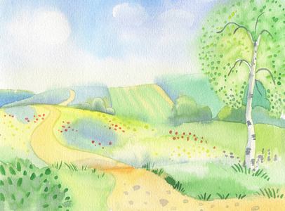 春天水彩画景观插画场和桦树照片