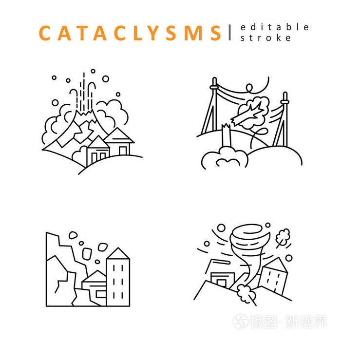 灾难和自然灾害.矢量图标和徽标.可编辑的轮廓笔画大小.线条扁平轮廓