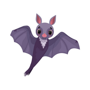 可爱的紫色蝙蝠与伸出的翅膀, 有趣的生物卡通人物矢量插图在白色的