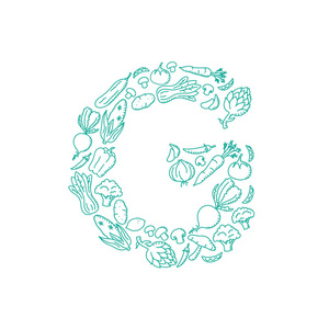 字母表蔬菜图案集字母g插图儿童手绘概念设计绿色隔离白色背景矢量EPS10