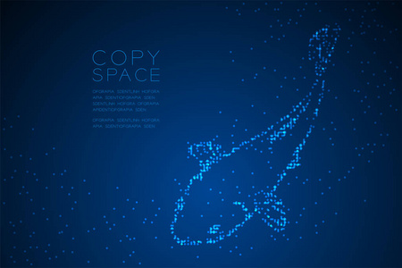 抽象几何圆点像素图案鲤鱼或锦鲤鱼形状水生生物概念设计蓝色插图与蓝色梯度背景分离，复制空间矢量EPS10