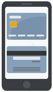 智能手机处理蓝色信用卡的矢量隔离插图，隔离在白色背景上