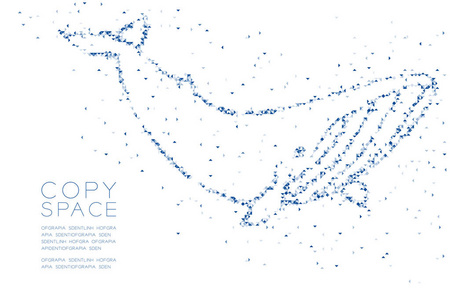 抽象几何低多边形方盒像素和三角形图案鲸鱼形状水生和海洋生物概念设计蓝色插图白色背景与复制空间矢量EPS10