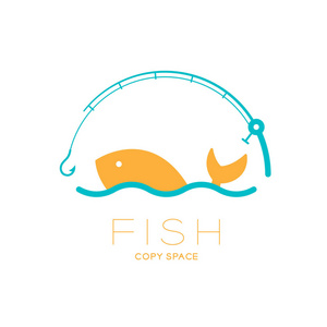 鱼和海在鱼杆曲线框架标志图标设置设计插图隔离白色背景与鱼文本和复制空间