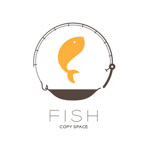 鱼在鱼竿上跳跃，平底框，圆圈形状，标志，图标，设计插图，白色背景，鱼文字和复制空间