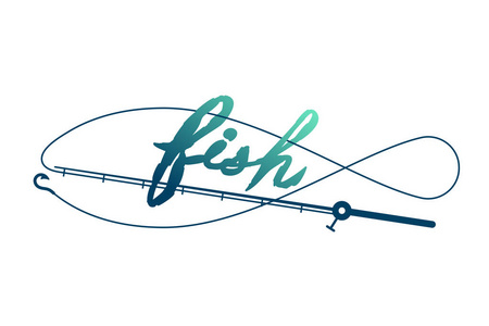 鱼形由鱼竿鱼架标志图标图案绿色深蓝色渐变彩色插图白色背景鱼文字画笔复制空间组成