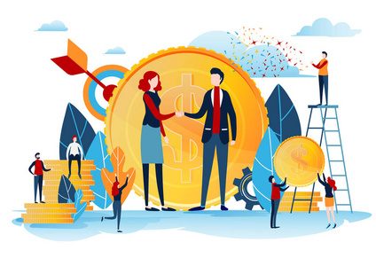 与投资者握手. 资助创造性的想法. 成功的概念. 有金币的商人.