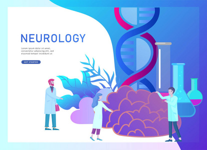 神经病学遗传学的概念。扁平式的小人医生医疗团队工作, 构建 dna, 研究脱氧核糖核酸。大脑, 创造性的头脑