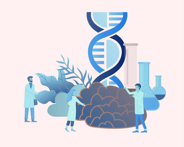 神经病学遗传学的概念。扁平式的小人医生医疗团队工作, 构建 dna, 研究脱氧核糖核酸。大脑, 创造性的头脑