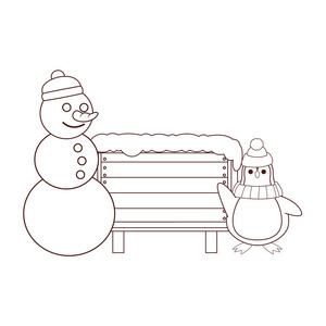 雪人和企鹅与空白木标志棕色线