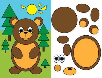 圆形正方形三角形. 贴花几何形状. 学前教育工作簿. 熊. 矢量图.