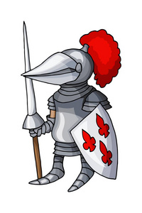 动画片中世纪骑士与盾牌和长矛, 被隔绝在白色背景中世纪头盔卡通用