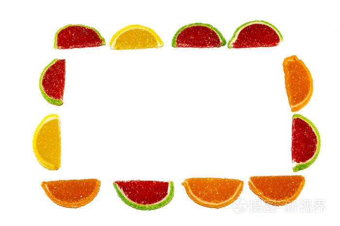 水果框架糖玛拉德。水果玛拉德在白色孤立的背景上。糖玛拉德。