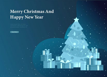 圣诞节和新年愉快的网站与圣诞树和礼物在背景城市冬天雪公园