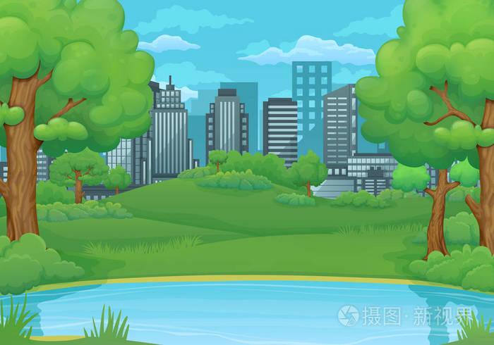 绿色的山丘草甸城市景观与摩天大楼和蓝天的背景云.