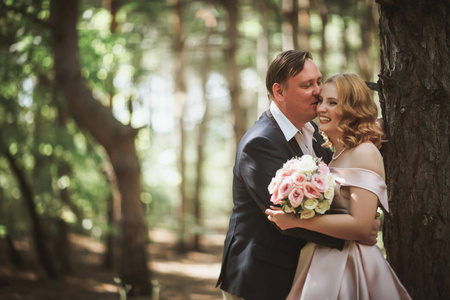 新娘和新郎亲吻树木和森林的背景。