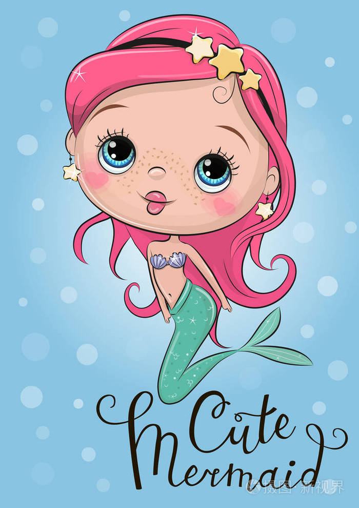蓝色背景上有粉色头发的可爱卡通美人鱼