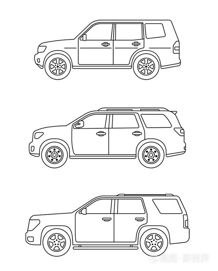 插画 一套私家车.一套扁平型的汽车.越野越野车.侧视图.eps