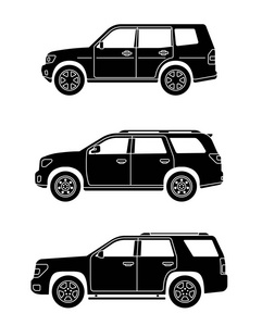 一套私家车。一套扁平型的汽车。越野越野车。侧视图