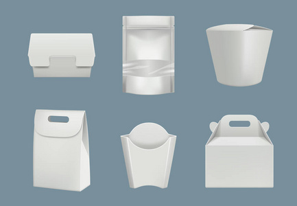 空白纸板和塑料包装的产品快速交货矢量现实模型从餐厅送货线图标的