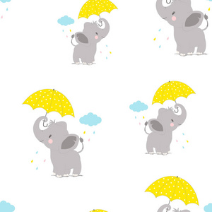 卡通风格图案有趣的大象，带伞，背景上有云，简单的幼稚性格，用于婴儿淋浴问候壁纸