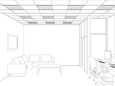 白色的房间作为办公室与书桌和笔记本电脑3d 渲染