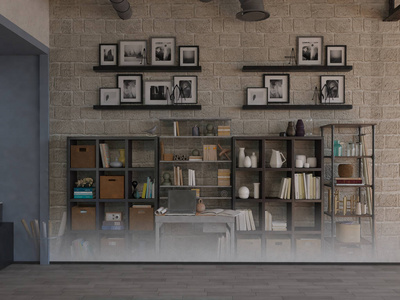 工作台或设计工作台在办公室内部, 墙上有一个大书架, 里面装满了粘合