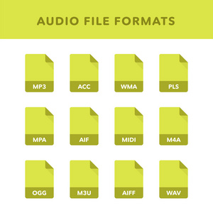 一组音频文件格式和标签的平面图标风格。 矢量插图