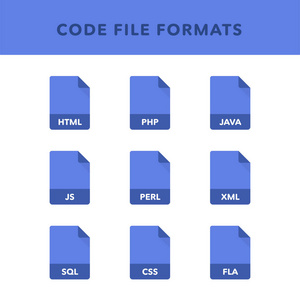一组代码文件格式和标签的平面图标风格。 矢量插图