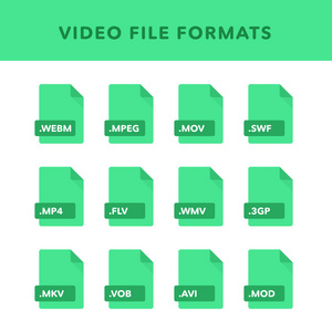 一组视频文件格式和标签的平面图标风格。 矢量插图