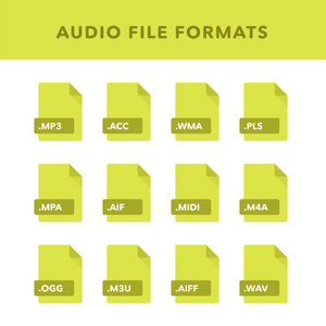 一组音频文件格式和标签的平面图标风格。 矢量插图