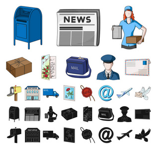 邮件和邮递员卡通, 黑色图标在集合集合设计。邮件和设备向量标志股票网例证