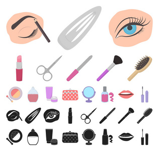 化妆和化妆品卡通, 黑色图标在集合集设计。化妆和设备向量标志股票网例证