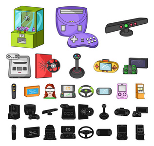 游戏控制台和虚拟现实卡通, 黑色图标在集合中的设计。游戏小工具矢量符号股票网络插图