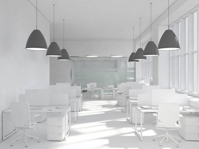 白色的房间作为办公室与书桌和笔记本电脑3d 渲染