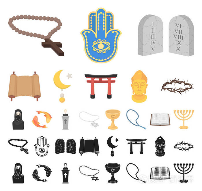 宗教和信仰卡通, 黑色图标在集合集合设计.