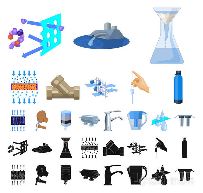水过滤系统卡通黑色图标集集设计清洁设备向量标志股票网例证