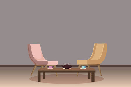 椅子, 茶几, 家具, 茶壶, 杯子, 模板的内部, 客厅, 动画, 矢量, 插图, 孤立, 卡通风格