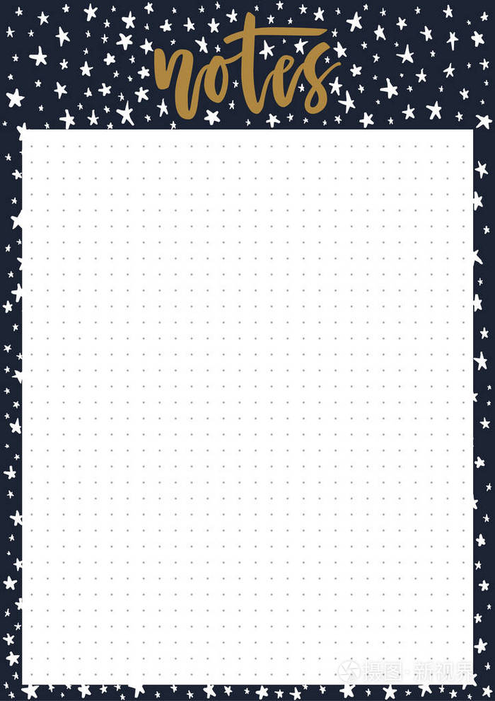 可爱的a4模板笔记与字体和装饰黑暗背景与星星.