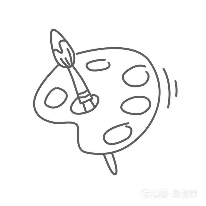 艺术家调色板与画笔矢量涂鸦图标隔离在白色手绘素描风格