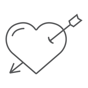 用箭头细线图标, 爱和情人节, 丘比特符号, 矢量图形, 白色背景上的线性图案刺穿心脏