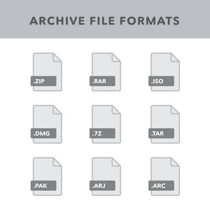 一组存档文件格式和标签的平面图标风格。 矢量插图